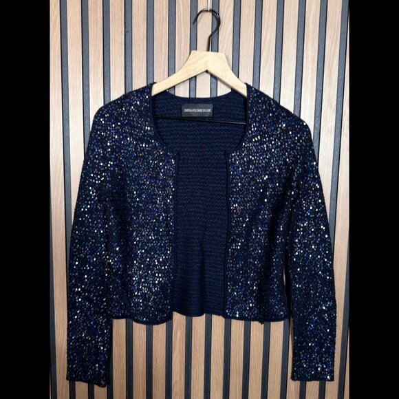 Zadig & Voltaire Cardigan Small Womens Blue Deluxe Collection Open Front Sequin - Picture 1 of 7